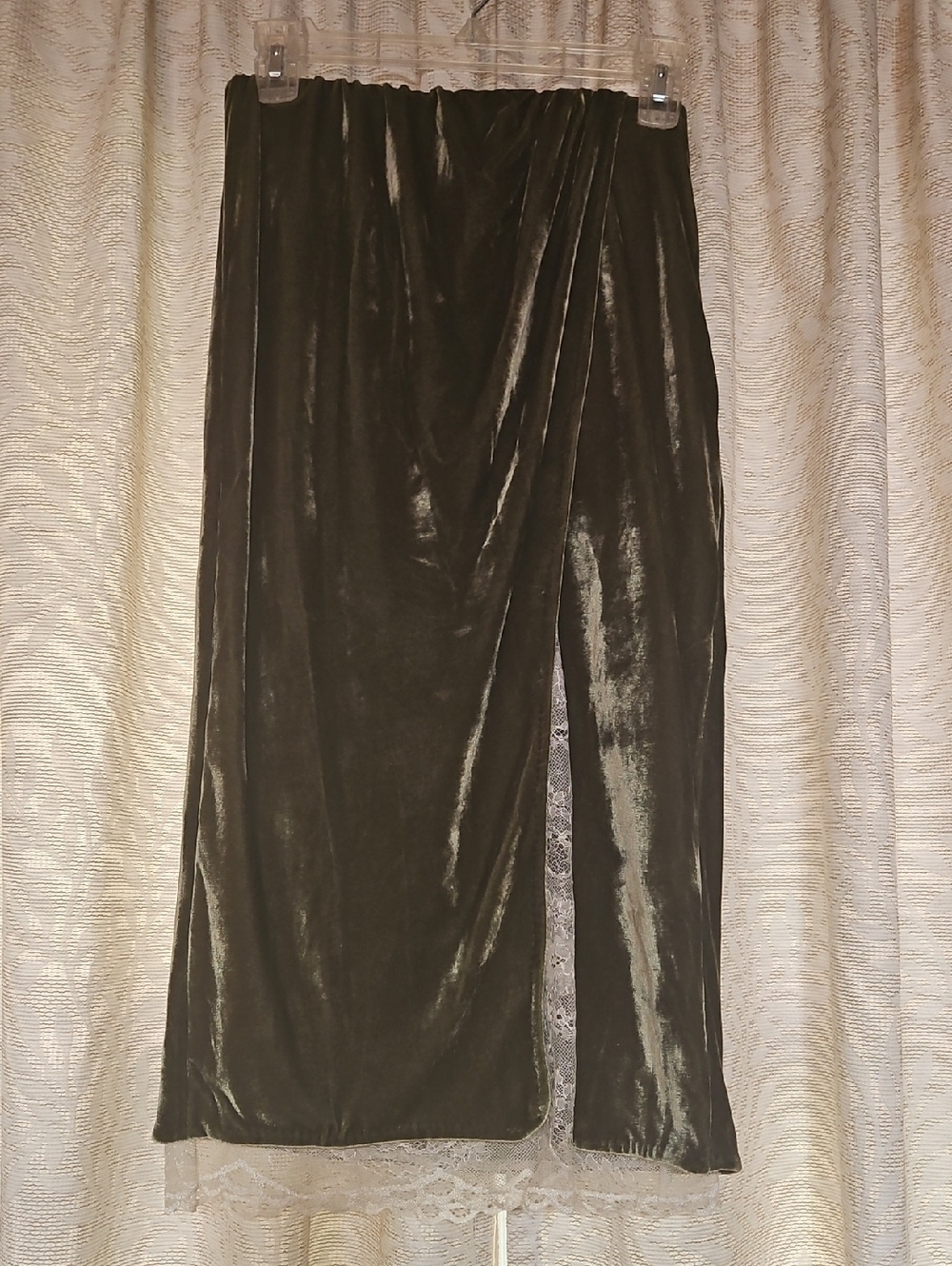 Anthropologie Olive Velvet Midi Skirt with Lace Hem